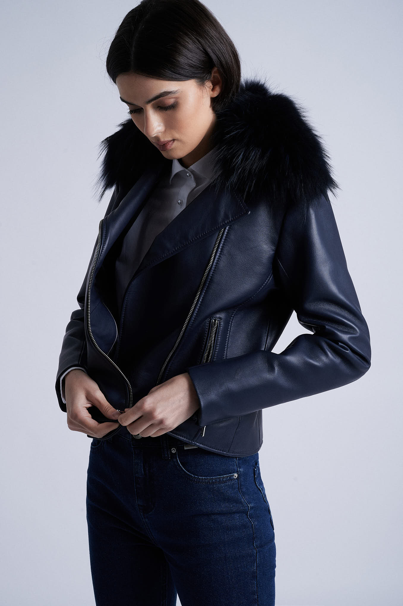 Leather Jacket Dark Blue Casual Woman